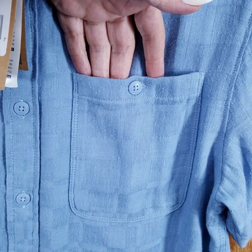 THE NORTH FACE Shirt Mens Medium Blue Button Up Cotton Hemp LOGHILL JACQUARD